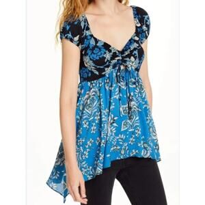 Free People La Bamba Babydoll Printed
Top Tee Black Blue Floral Size Large